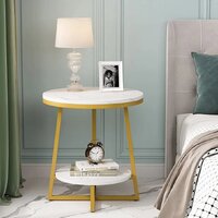 Eclipse Side Table Marble 2 Shelf Bedside Sofa Table Round (White & Gold)