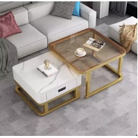Marble Coffee Table Square Glass With Storage Drawer (White & Gold)