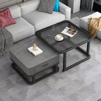 Marble Coffee Table Square Glass With Storage Drawer (Black & Grey)