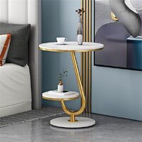 Side Table Marble 2 Shelf Curved Bedside Sofa Table Round (White & Gold)