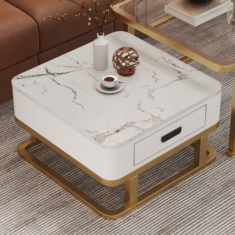 Bellagio Marble Coffee Table Square Glass With Storage Drawer (White & Gold)