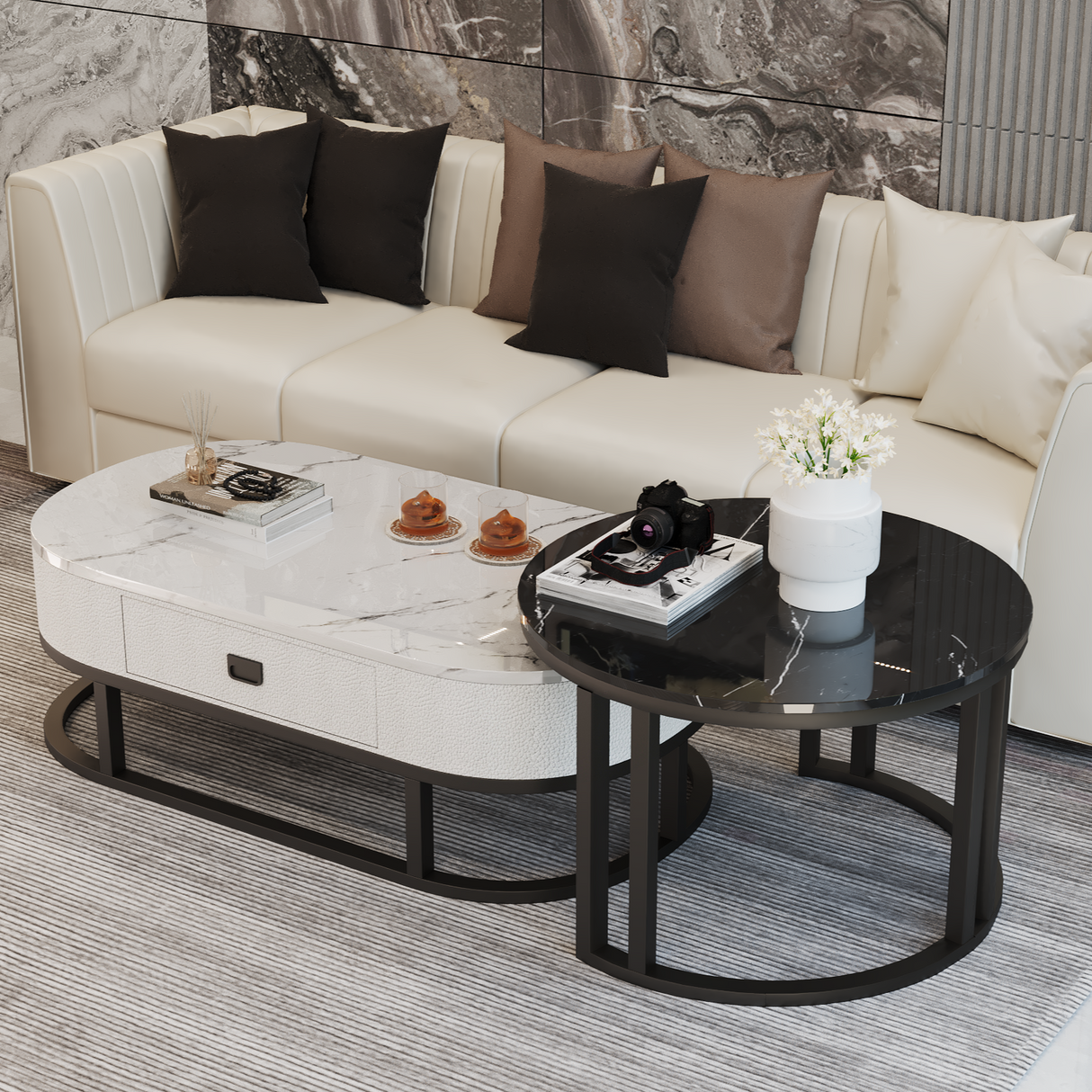 Monaco Marble Coffee Table Set Gloss Finish With Storage Drawer (White & Black)