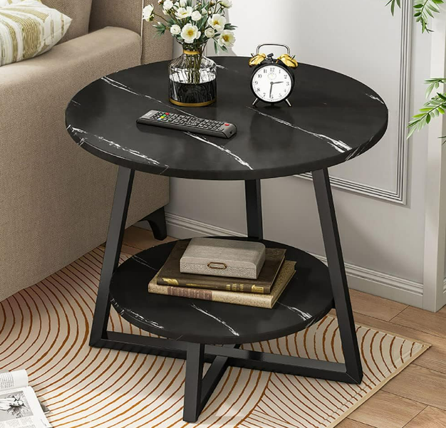 Eclipse Side Table Marble 2 Shelf Bedside Sofa Table Round (Black)