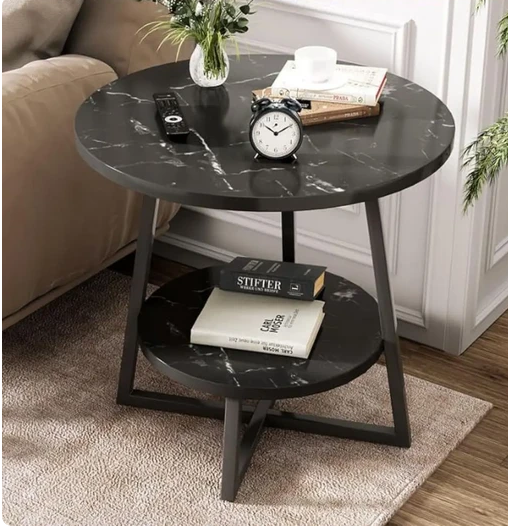 Eclipse Side Table Marble 2 Shelf Bedside Sofa Table Round (Black)