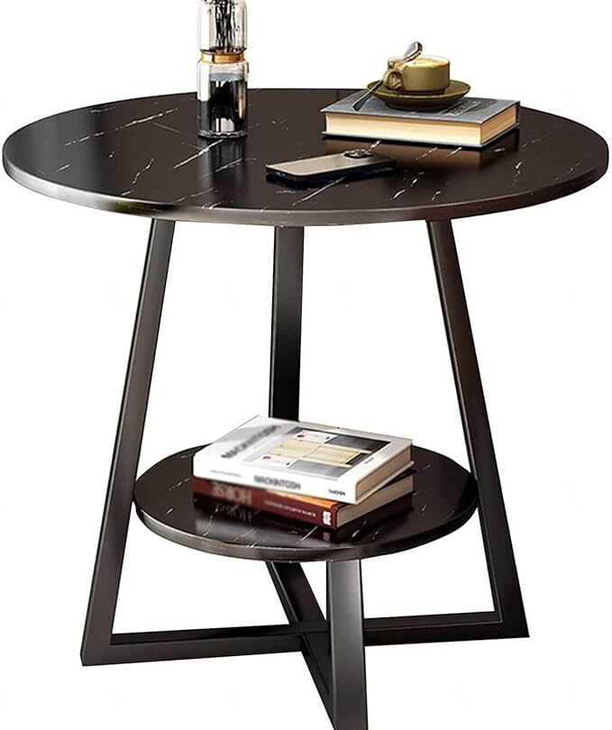 Eclipse Side Table Marble 2 Shelf Bedside Sofa Table Round (Black)