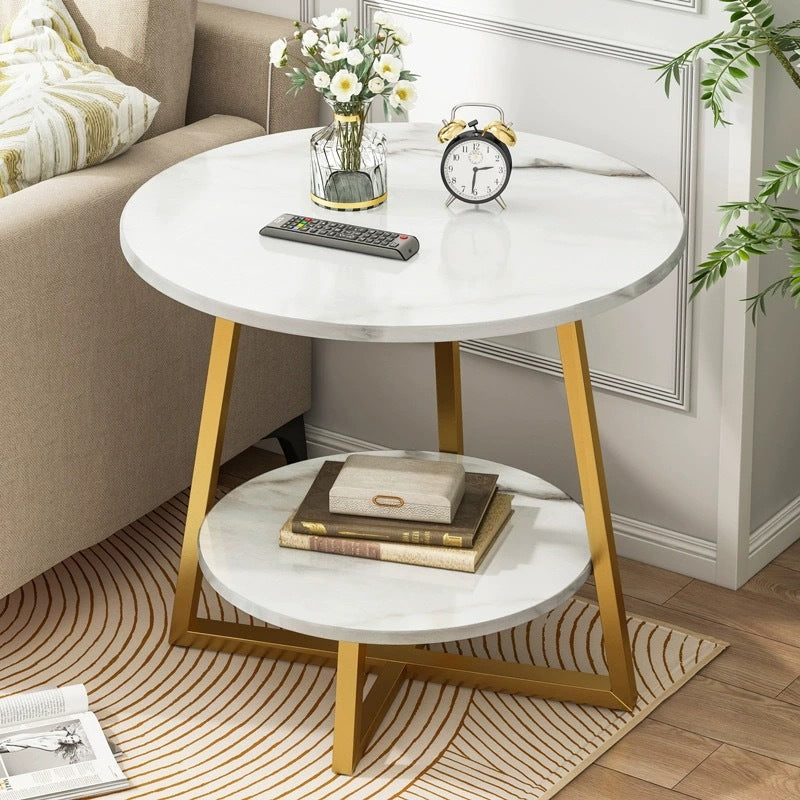 Eclipse Side Table Marble 2 Shelf Bedside Sofa Table Round (White & Gold)