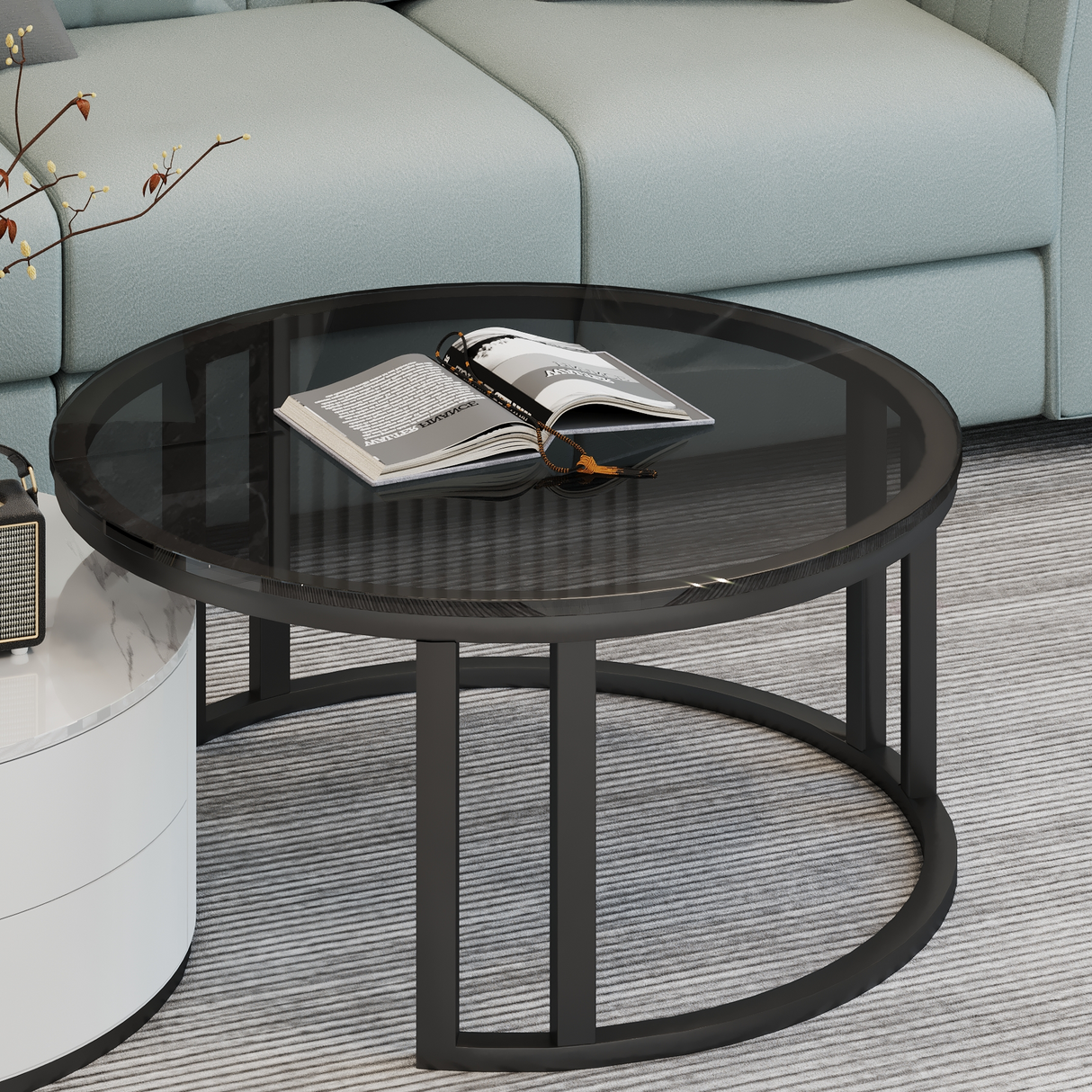 Elysia Marble Coffee Table Round Gloss Finish With Storage Drawers (Black & White)