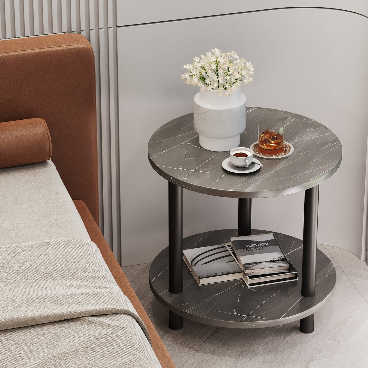 Bedside Table Marble Circle Round Sofa Side Table (Grey)