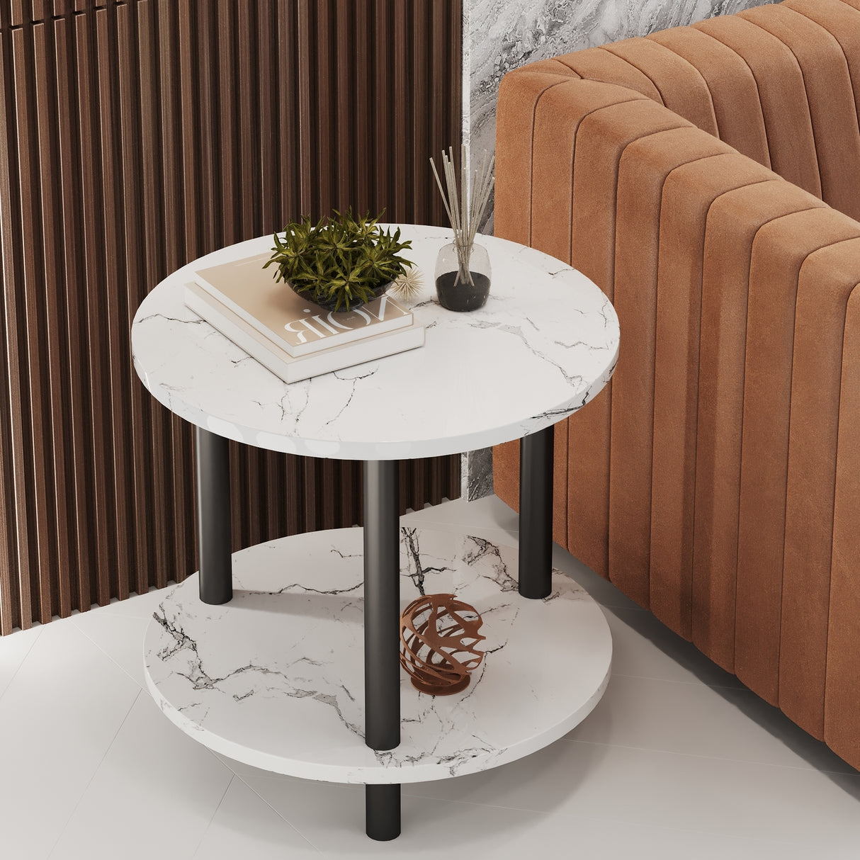 Aurora Bedside Table Marble Circle Round Sofa Side Table (White)