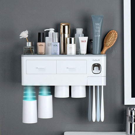 Bathroom Organiser Toothbrush Holder Wall Mount Toothpaste Dispenser (4 Cup) (Grey)