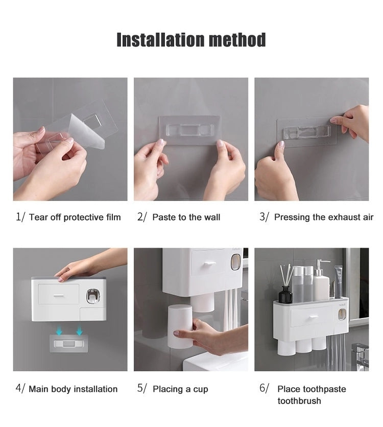 Bathroom Organiser Toothbrush Holder Wall Mount Toothpaste Dispenser (4 Cup) (Grey)