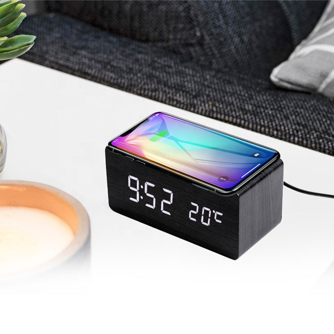 Wireless Digital Alarm Clock LED Display Qi Charging Pad (Black Wood)