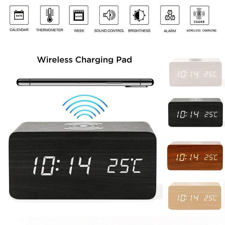 Wireless Digital Alarm Clock LED Display Qi Charging Pad (Black Wood)