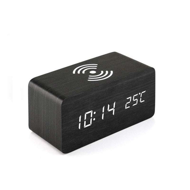 Wireless Digital Alarm Clock LED Display Qi Charging Pad (Black Wood)