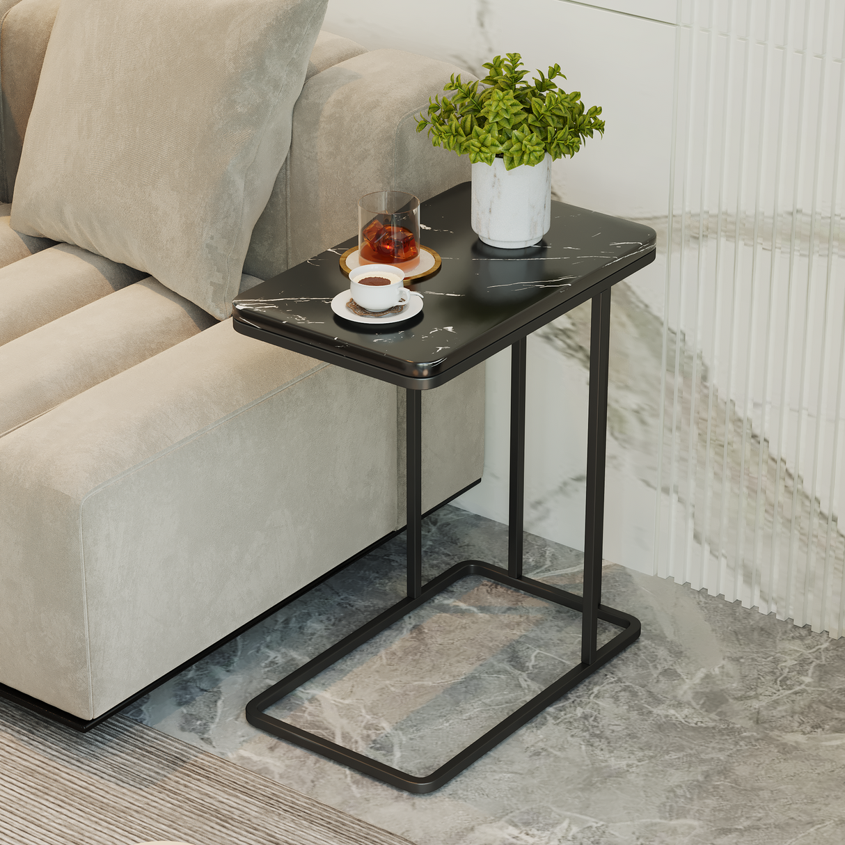 Side Table Marble End Table Bedside Sofa Table Rectangle (Black)