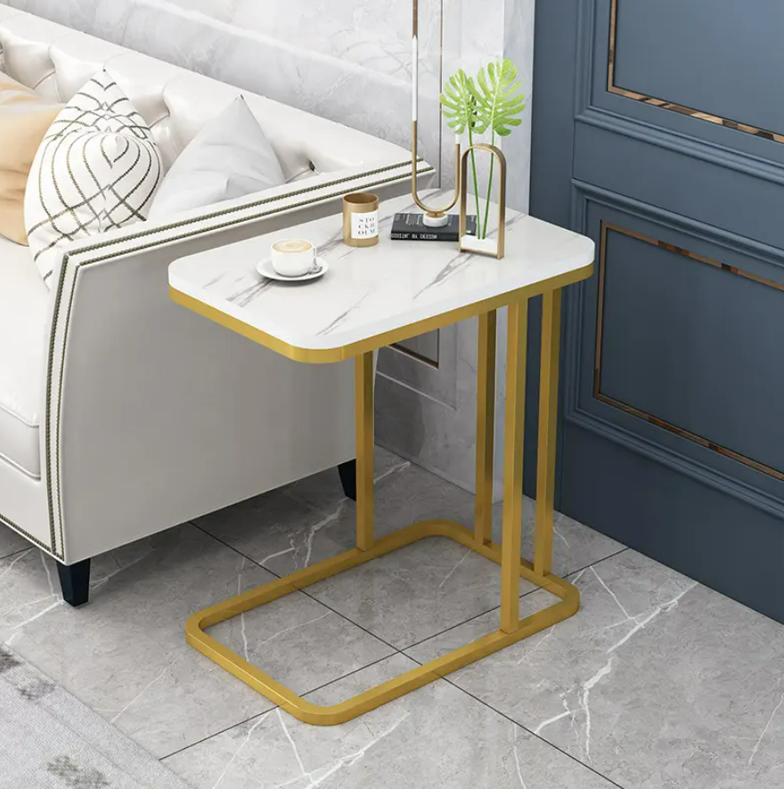 Side Table Marble End Table Bedside Sofa Table Rectangle (Gold White)