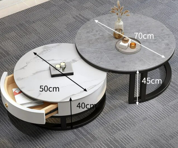 Sorrento Marble Coffee Table Round Gloss Finish With Storage Drawer (White & Grey)