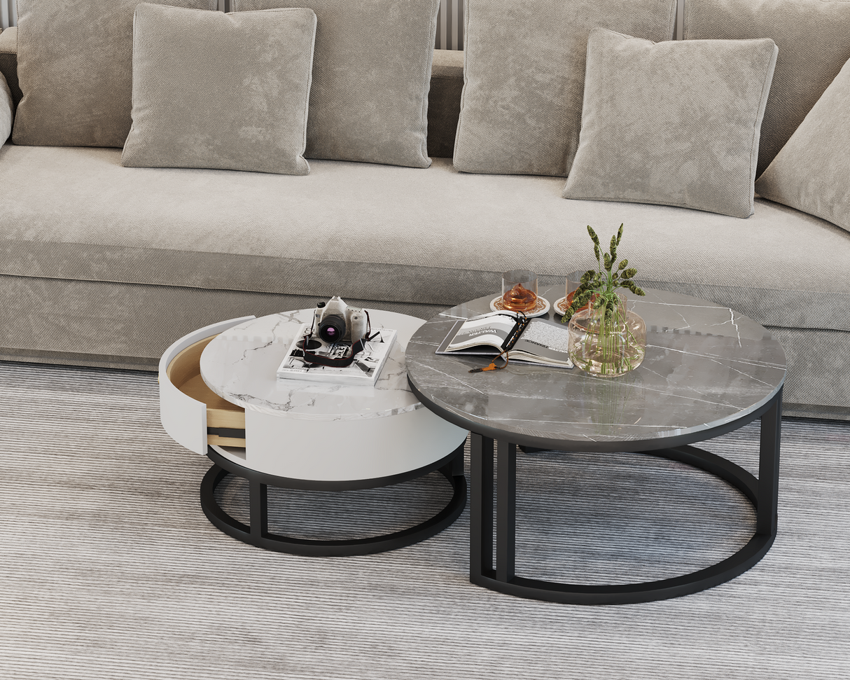 Sorrento Marble Coffee Table Round Gloss Finish With Storage Drawer (White & Grey)