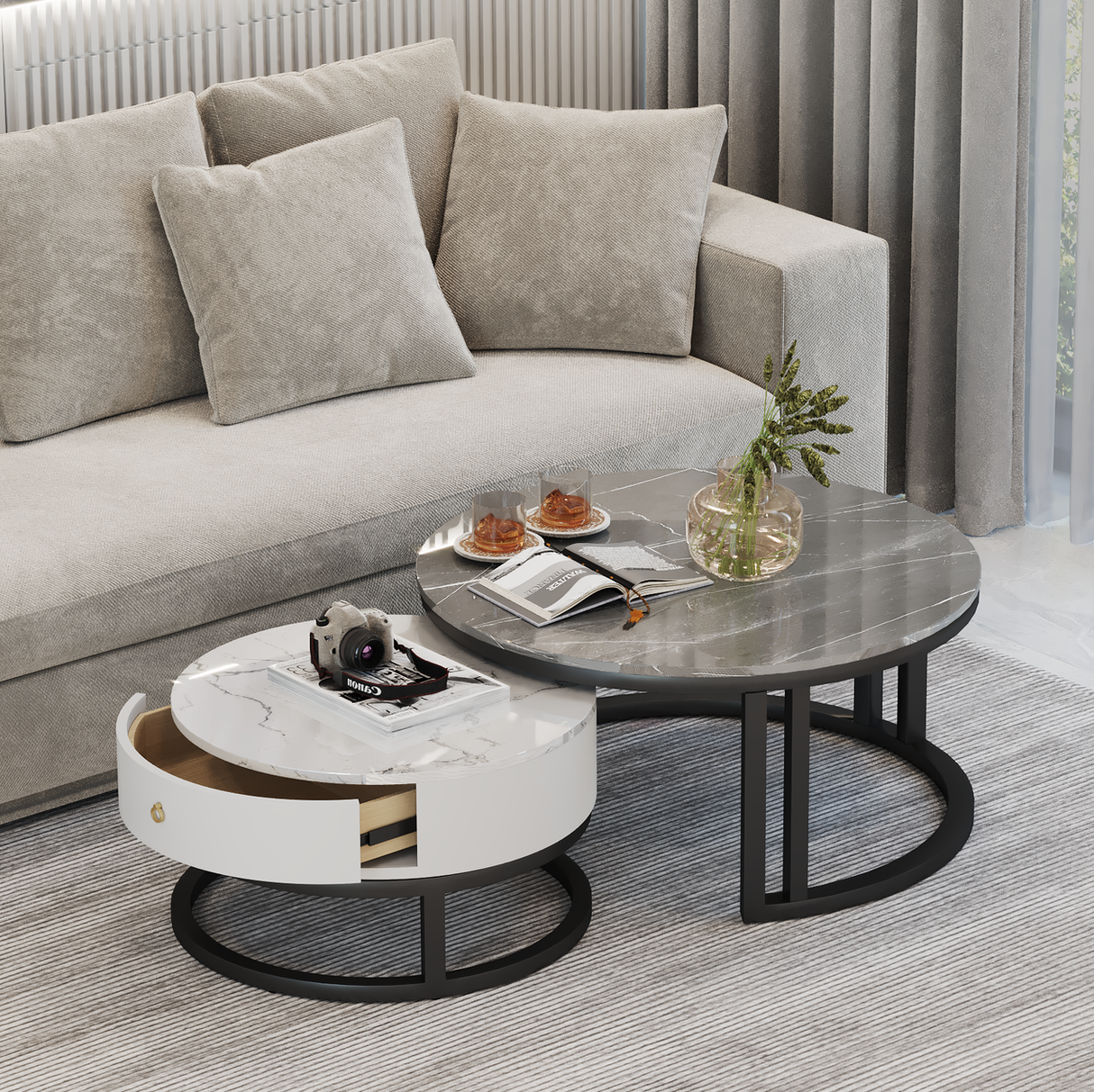 Sorrento Marble Coffee Table Round Gloss Finish With Storage Drawer (White & Grey)