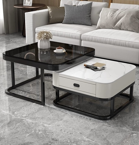 Bellagio Marble Coffee Table Square Glass With Storage Drawer (Black & White)