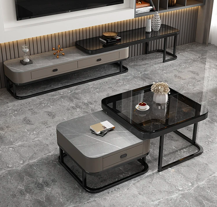 Bellagio Marble Coffee Table Square Glass With Storage Drawer (Black & Grey)