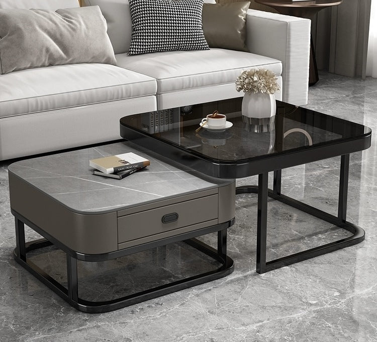 Bellagio Marble Coffee Table Square Glass With Storage Drawer (Black & Grey)