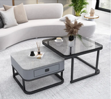 Bellagio Marble Coffee Table Square Glass With Storage Drawer (Black & Grey)