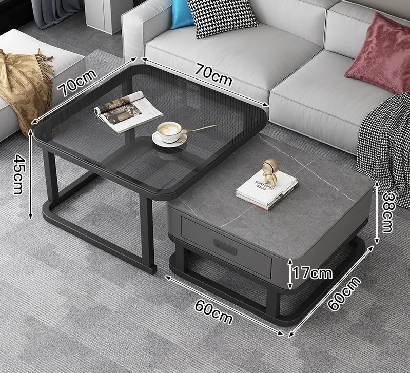 Bellagio Marble Coffee Table Square Glass With Storage Drawer (Black & Grey)