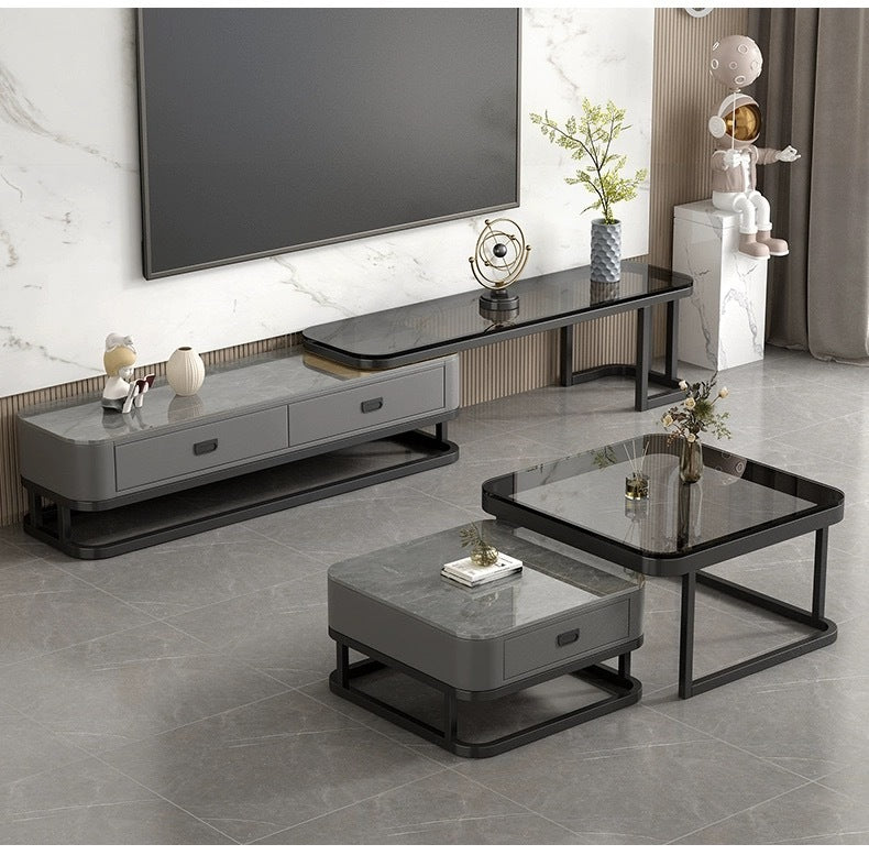 Bellagio Marble Coffee Table Square Glass With Storage Drawer (Black & Grey)