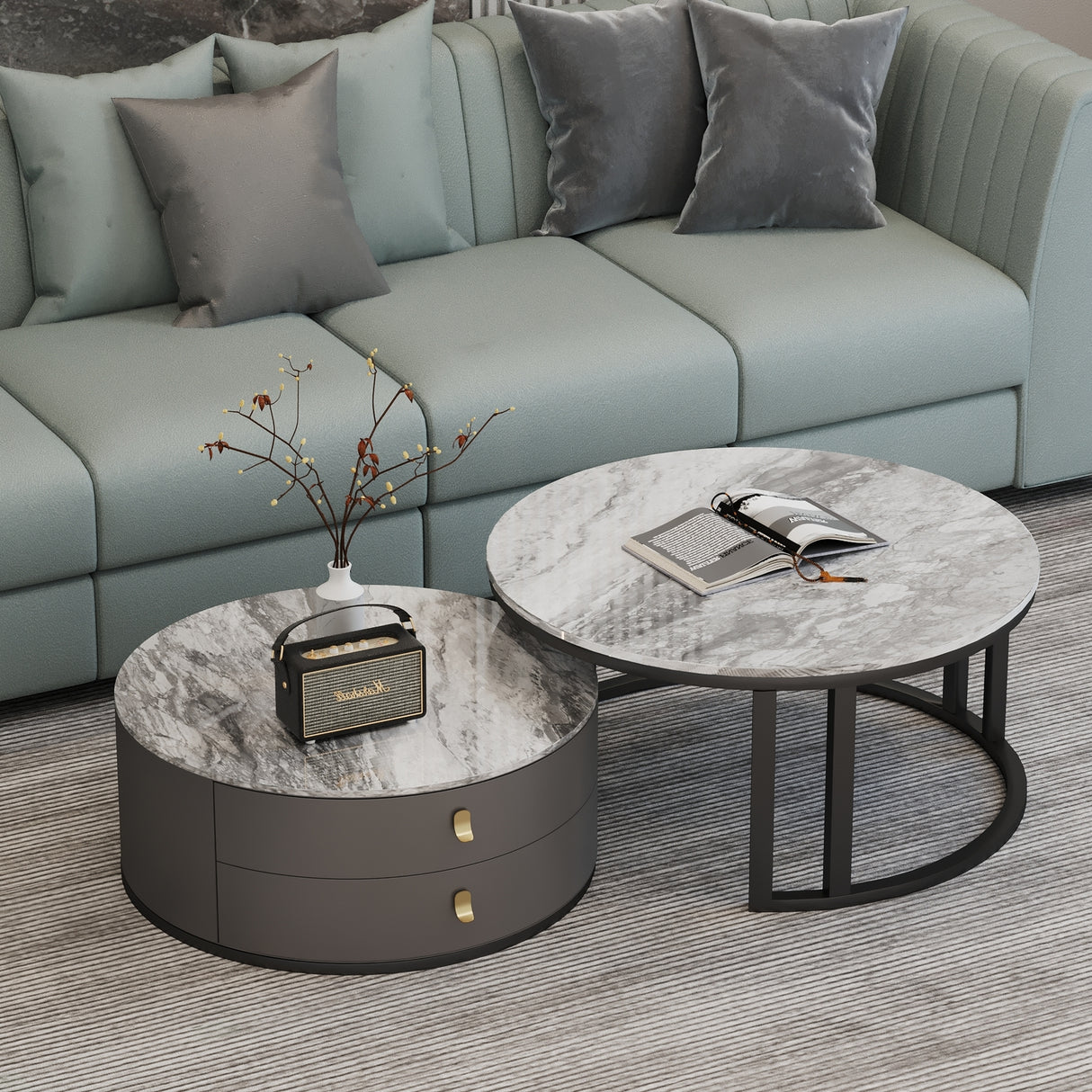 Elysia Marble Coffee Table Round Gloss Finish With Storage Drawers (Grey)