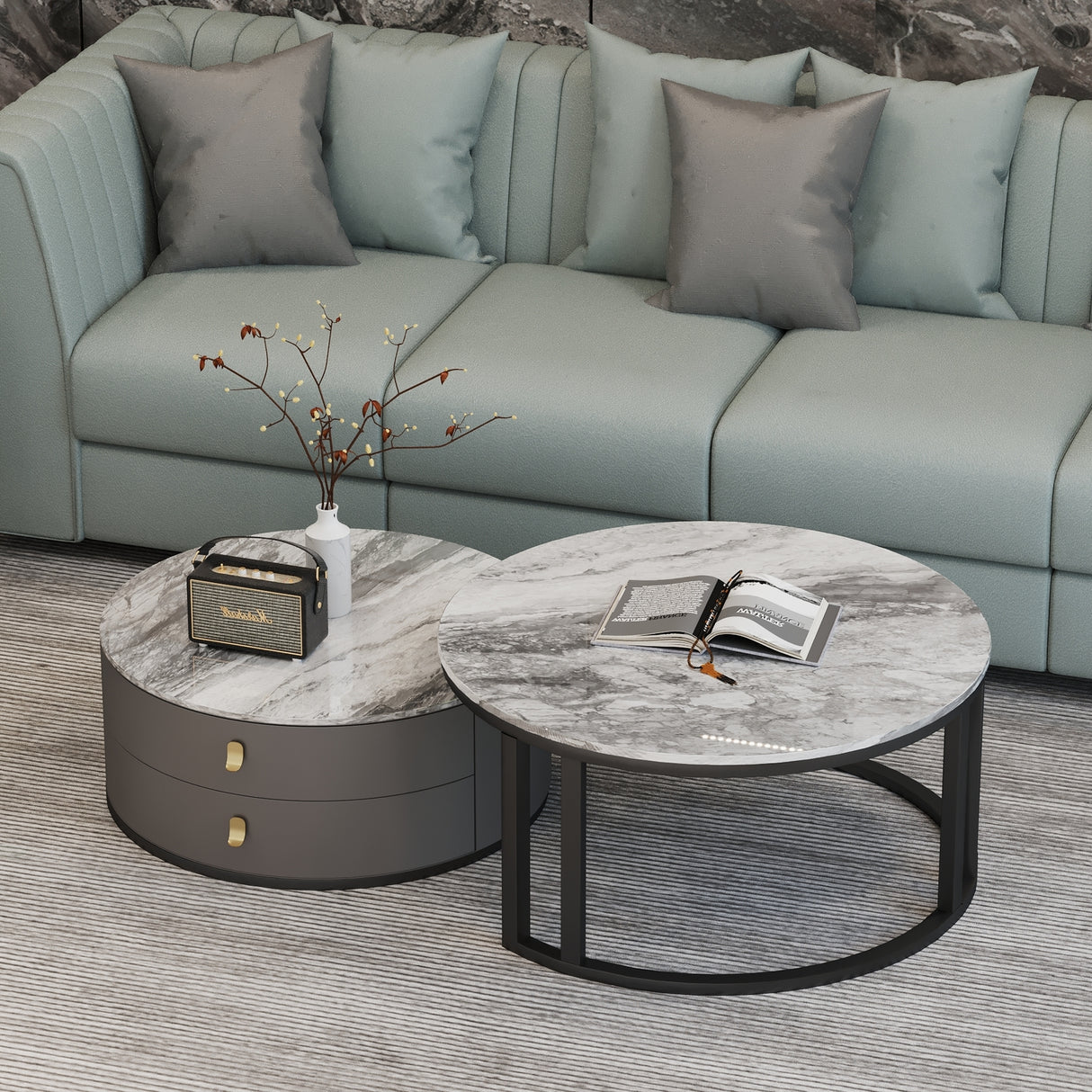 Elysia Marble Coffee Table Round Gloss Finish With Storage Drawers (Grey)