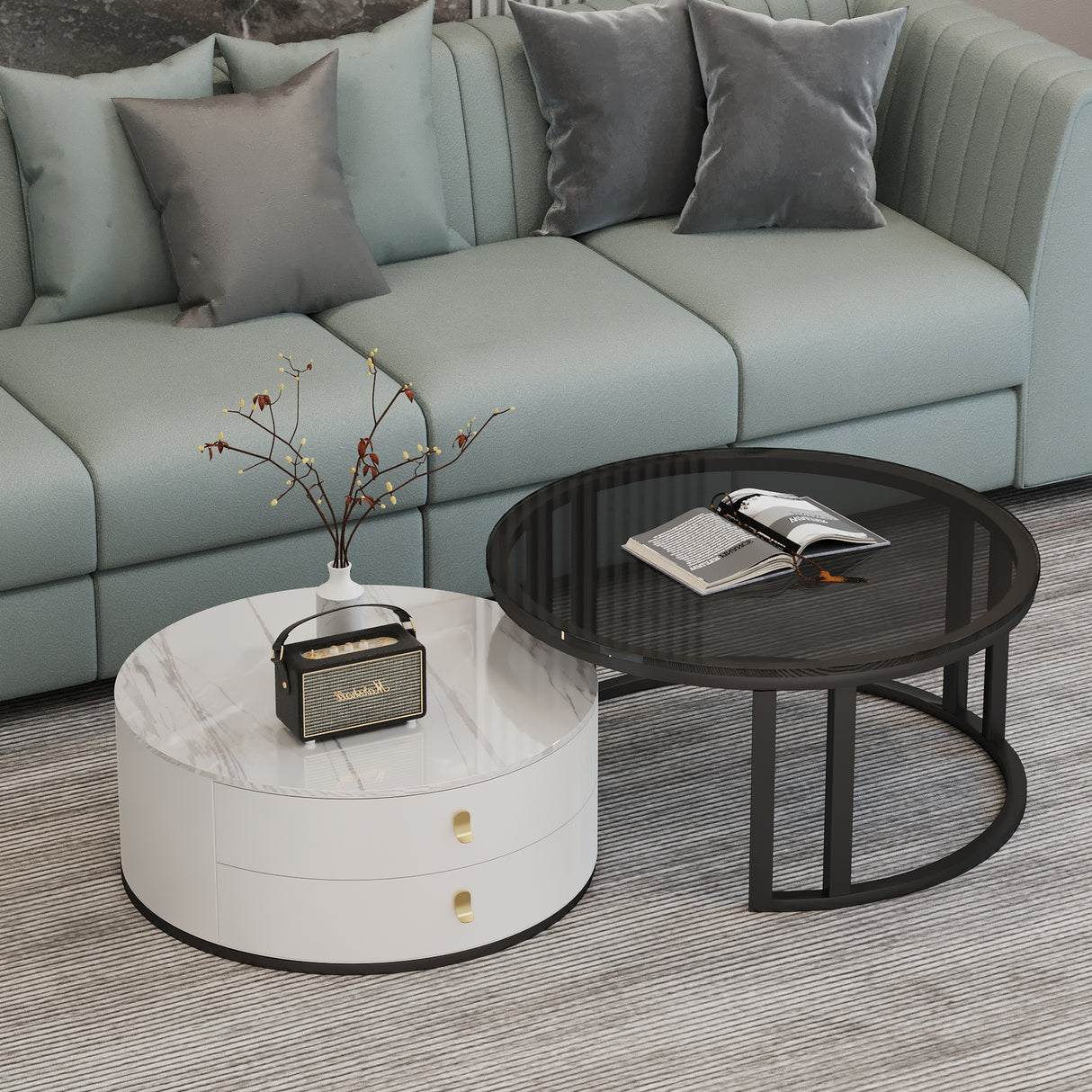 Elysia Marble Coffee Table Round Gloss Finish With Storage Drawers (Black & White)