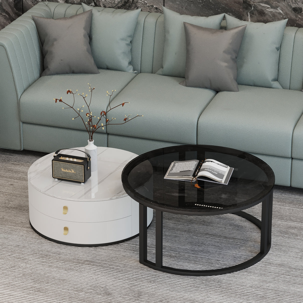 Elysia Marble Coffee Table Round Gloss Finish With Storage Drawers (Black & White)