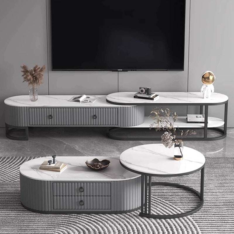 Celeste Marble Coffee Table Set Gloss Finish With Storage Drawers (White & Grey)