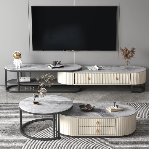 Celeste Marble Coffee Table Set Gloss Finish With Storage Drawers (Grey & White)