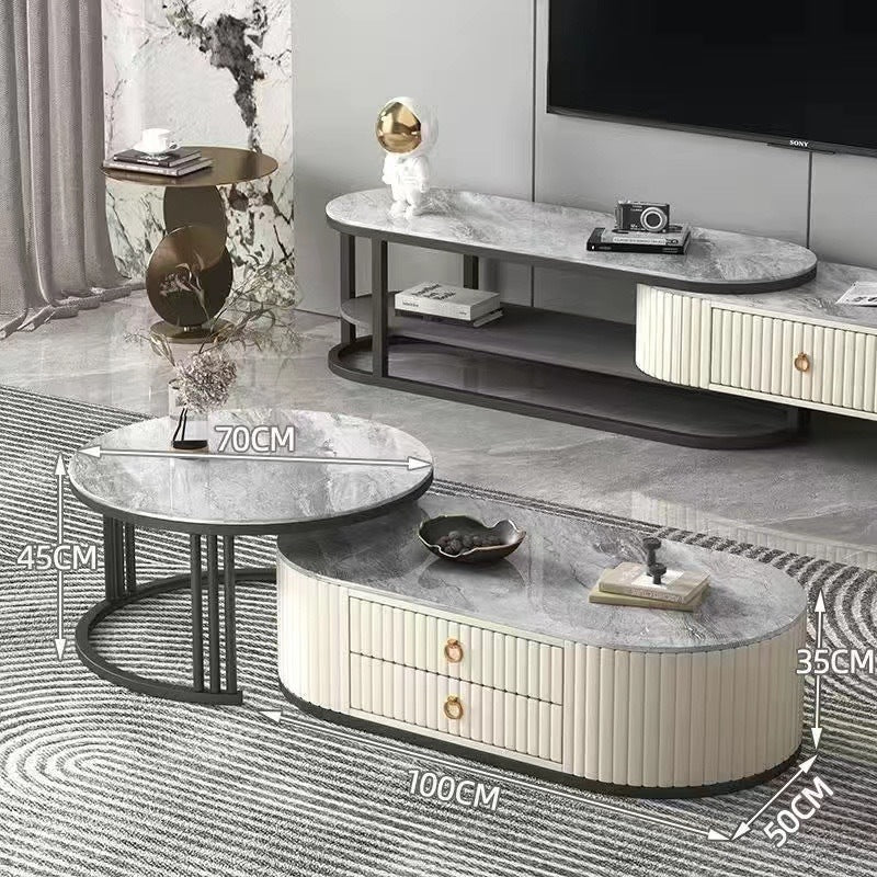 Celeste Marble Coffee Table Set Gloss Finish With Storage Drawers (Grey & White)