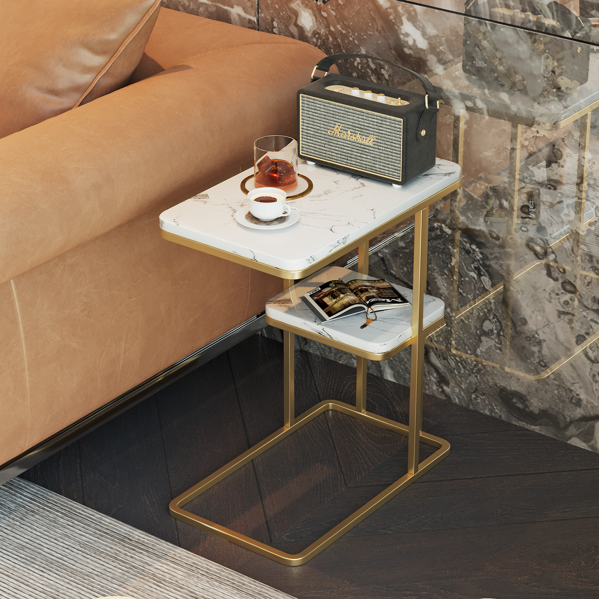 Side Table Marble 2 Shelf Bedside Rectangle Sofa Table (Gold White)