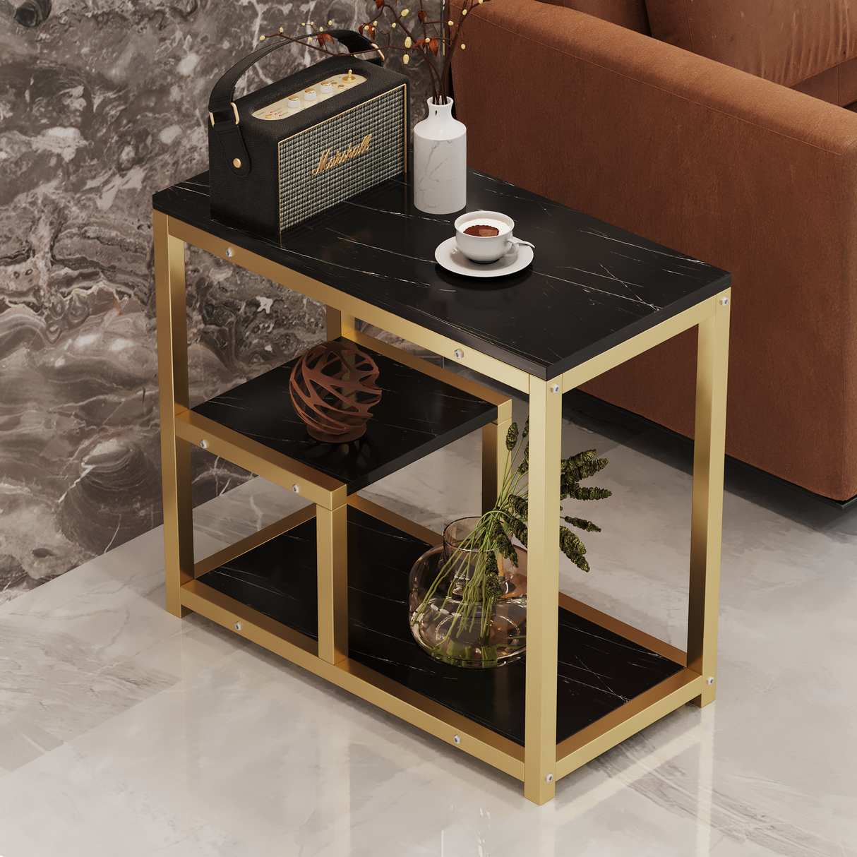 Side Table Marble 3 Shelf Bedside Sofa Table Plant Stand (Black Gold)