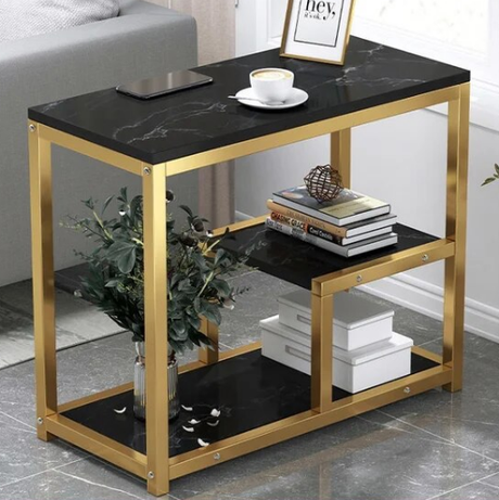 Side Table Marble 3 Shelf Bedside Sofa Table Plant Stand (Black Gold)