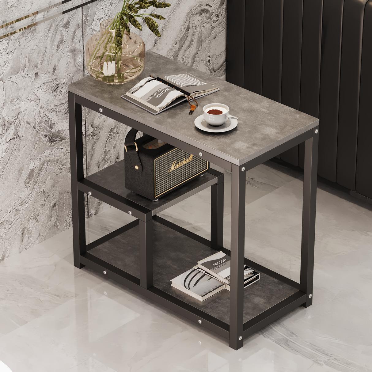 Side Table Marble 3 Shelf Bedside Sofa Table Plant Stand (Grey)