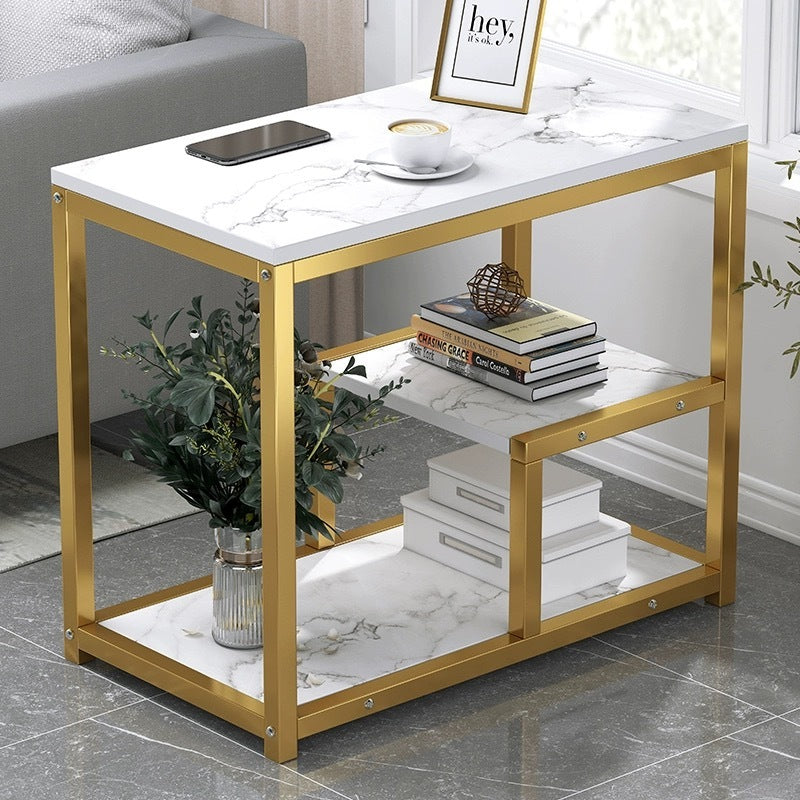 Side Table Marble 3 Shelf Bedside Sofa Table Plant Stand (White Gold)