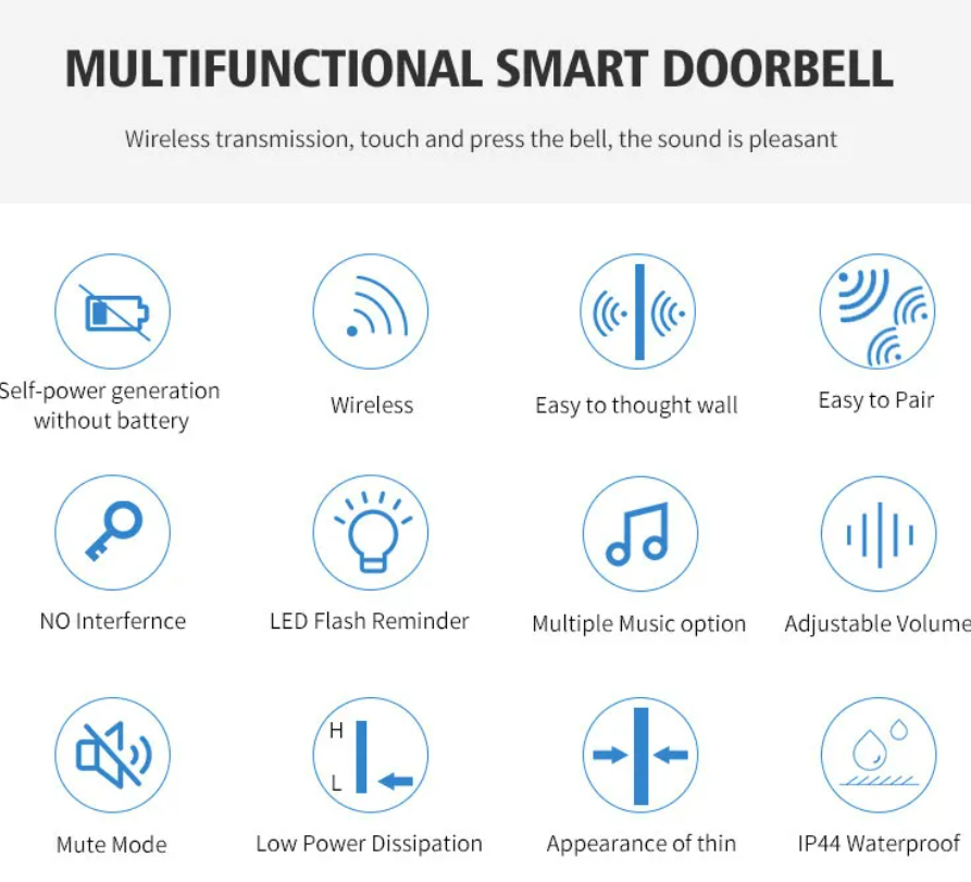 Kinetic Wireless Self Powered Doorbell Set IP44 Waterproof Monitor With Chime