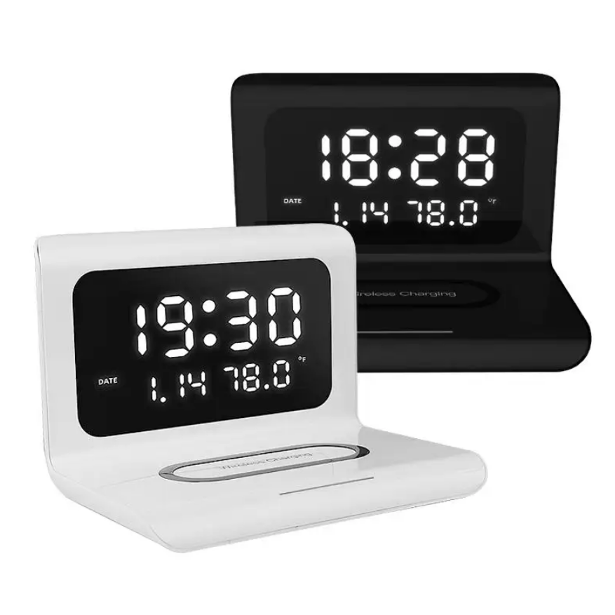 LED Digital Alarm Clock Charging Pad Lamp Wireless Charger Qi 3 in 1 (Black)