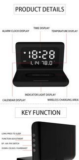 LED Digital Alarm Clock Charging Pad Lamp Wireless Charger Qi 3 in 1 (Black)