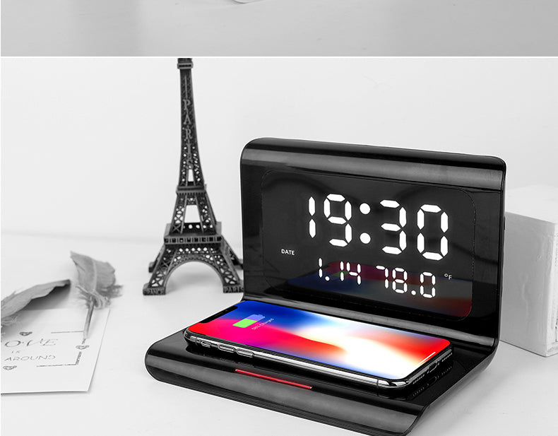 LED Digital Alarm Clock Charging Pad Lamp Wireless Charger Qi 3 in 1 (Black)