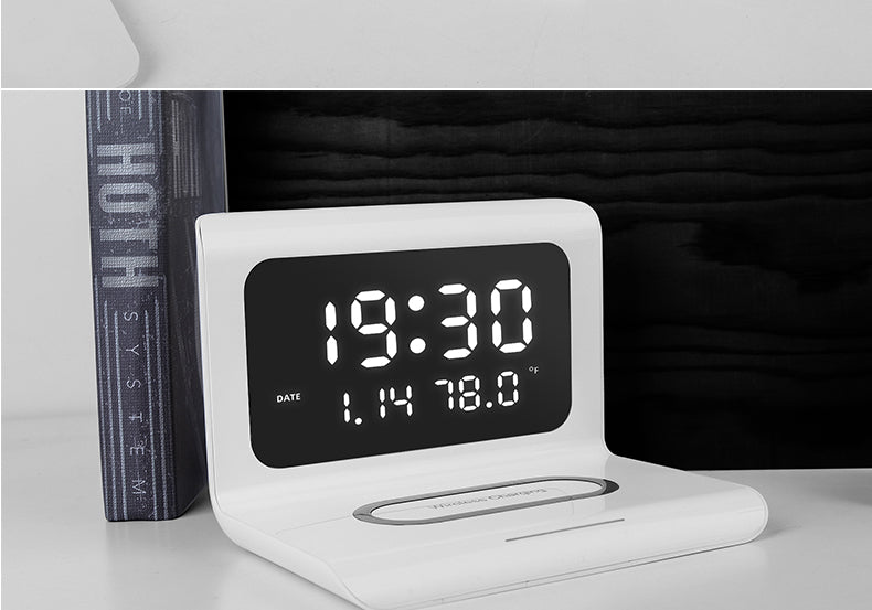 LED Digital Alarm Clock Charging Pad Lamp Wireless Charger Qi 3 in 1 (White)