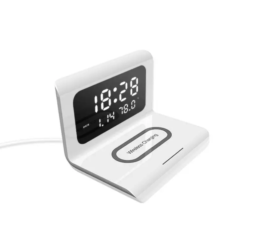 LED Digital Alarm Clock Charging Pad Lamp Wireless Charger Qi 3 in 1 (White)