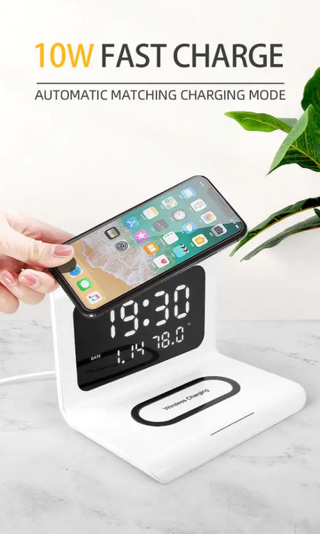 LED Digital Alarm Clock Charging Pad Lamp Wireless Charger Qi 3 in 1 (White)