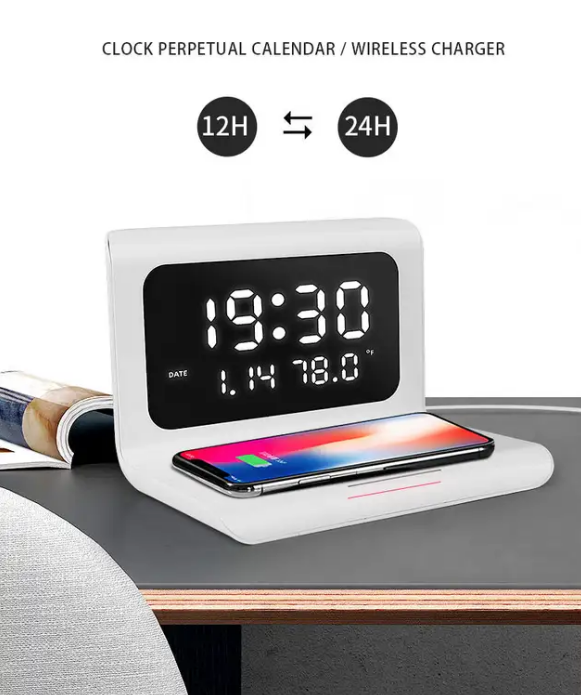 LED Digital Alarm Clock Charging Pad Lamp Wireless Charger Qi 3 in 1 (White)