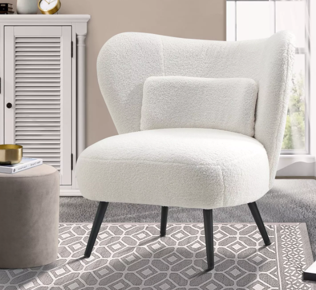 Boucle Armchair Lounge Chair with Lumbar Pillow Sofa Seat (White)